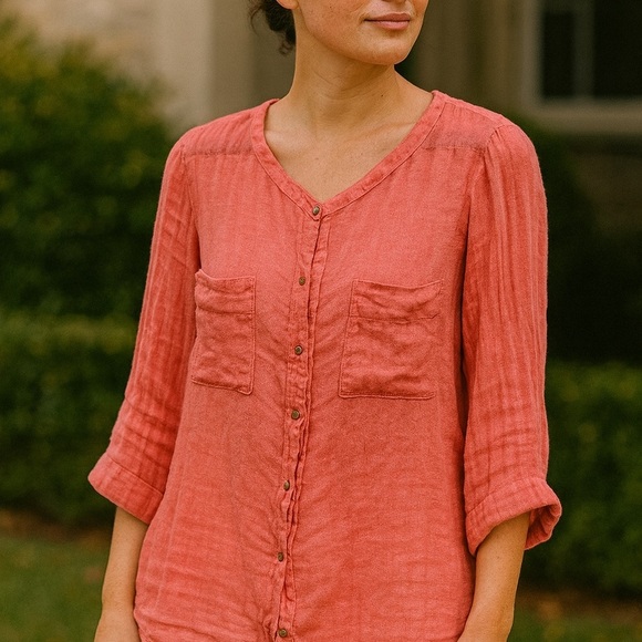 Eileen Fisher 100% Linen Coral Button Front Blouse Top Size M - Picture 1 of 6